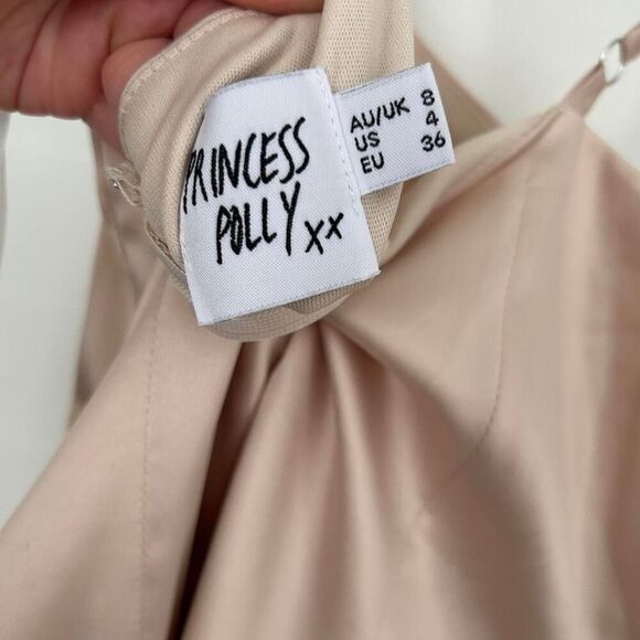 Princess Polly Cottage Hill Champagne Satin Wrap Mini Dress Ruffle Hem (Sz S/4) - Picture 7 of 8